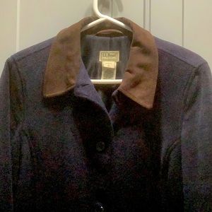 LL Bean Wool Blend Coat Jacket Women’s Medium Navy Blue Brown Collar Button Down